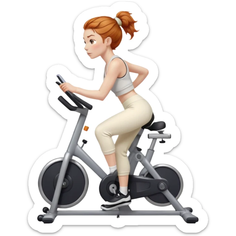Gorgeous Ginger girl messy bun riding stationary bike cream sweatpants sticker