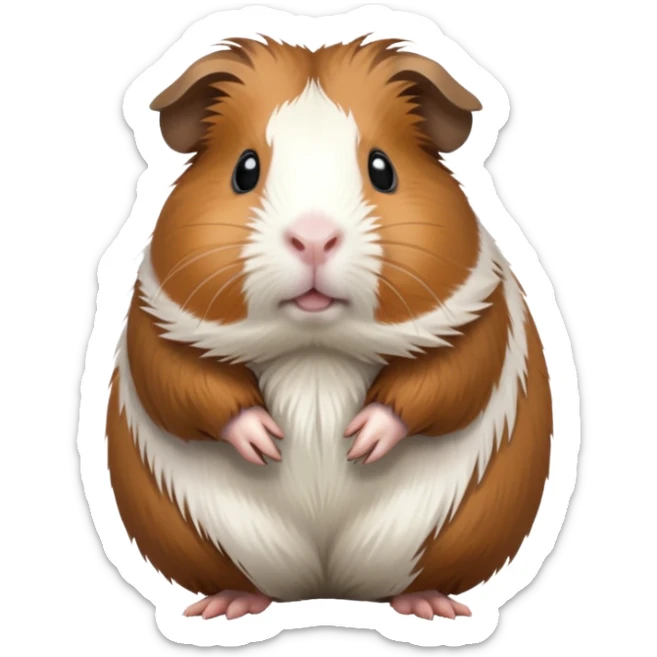 cinematic-[guinea pig]-realistic-full-body-standing-emoji,-tiny-paws-tucked-close,-head-tilted-dramatically,-fluffy-[brown and white]-fur,-simplified-yet-realistic-focused-features,-highly-detailed,-glowing-with-an-almost-sarcastic-glow sticker