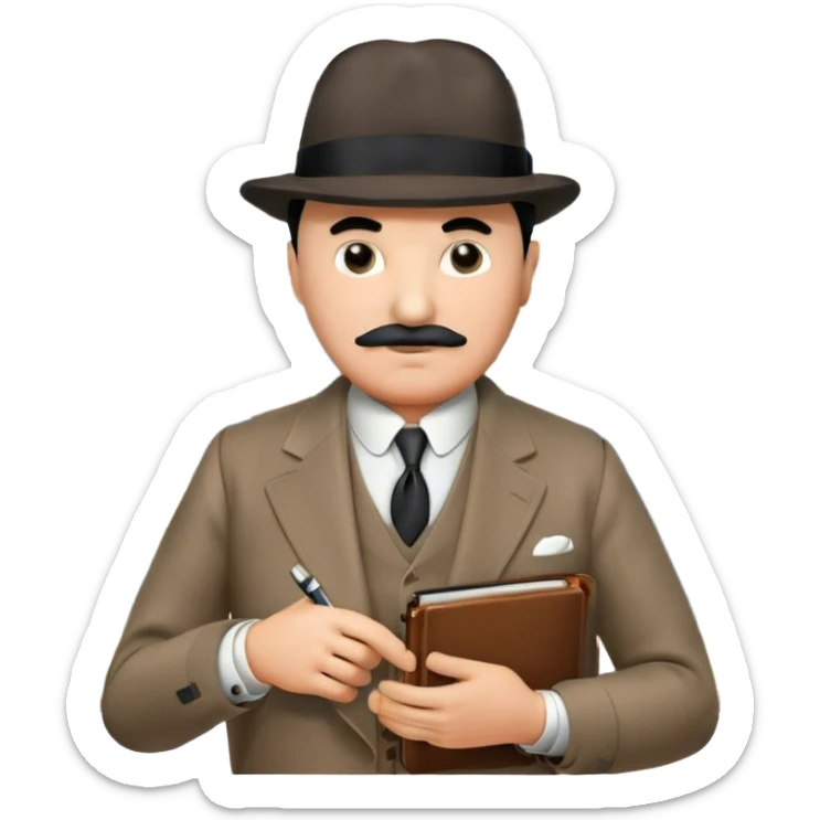 A cinematic-style frame showing Hercule Poirot in his iconic suit with a notebook in a dramatic detective pose. Background should be mysterious city, map, a board with photos of suspects, clues like fingerprints. Transparent background. sticker