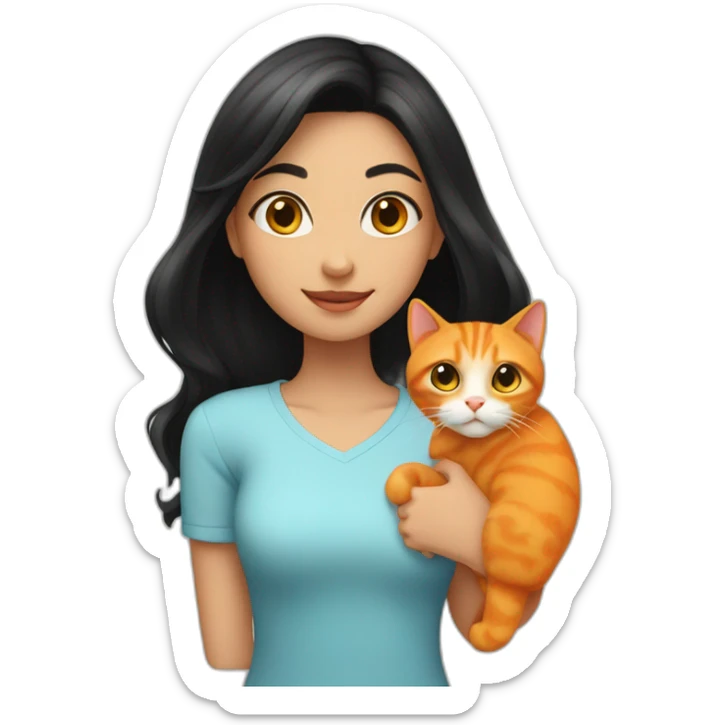 Girl with black hair parted in the middle is holding an orange cat sticker