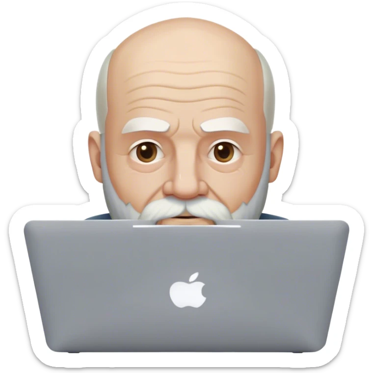 An old man that is starting to get bald but still has a front tuff on the forehead, beard and mustache that used to be black but is now becoming white, and a triangular shaped head. He's using a MacBook Pro. sticker