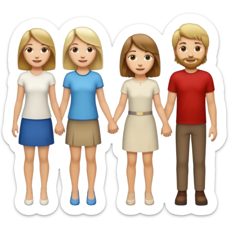 Five people holdings hands, made up of one white woman with long brown hair, one white woman with short brown hair, one white woman with shoulder length blonde hair, one white woman with shaggy blonde hair, and one white man with short brown hair sticker