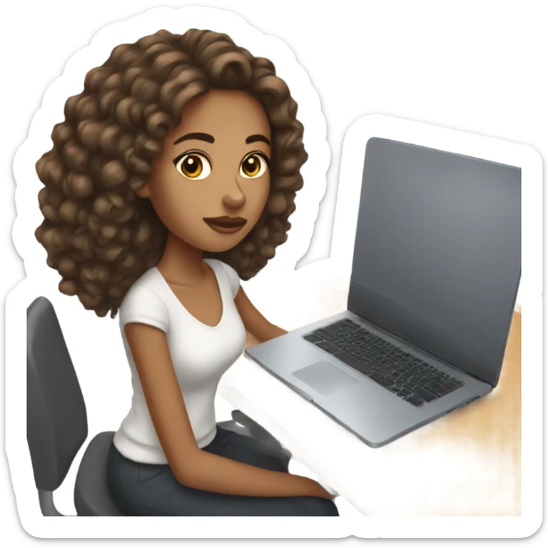Mixed girl with brown hair in a half up half down hairstyle typing on laptop sticker