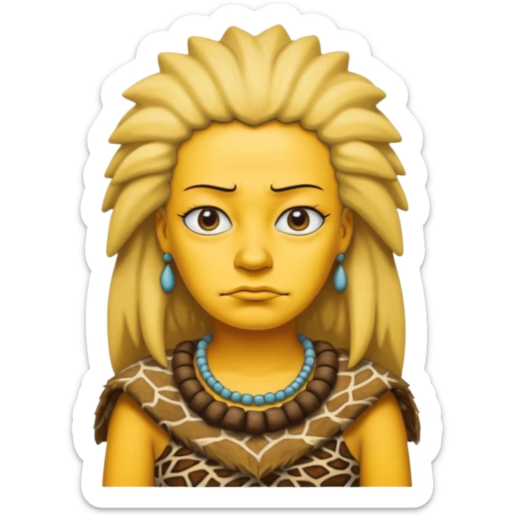 a simpson woman wearing ancient animal skin cloth, half body, icon, yellow skin sticker
