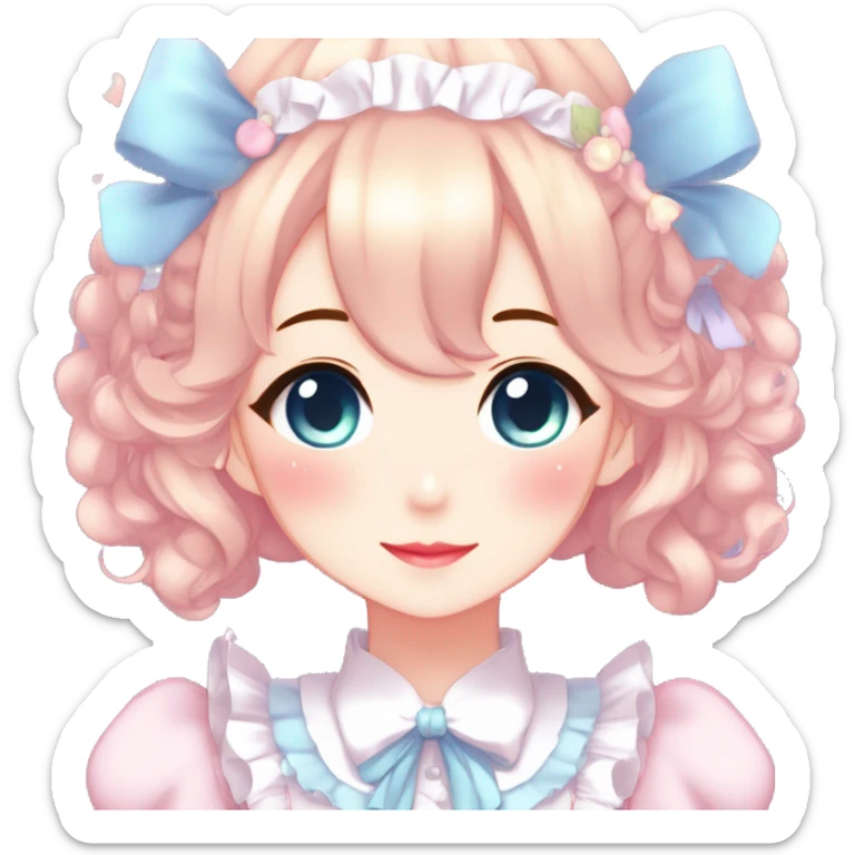 Gorgeous anime style lady blushing face maid outfit Lolita idol model colorful shiny sparkle kawaii pastelcore cottagecore pearly petite simplistic aesthetic trending style sticker