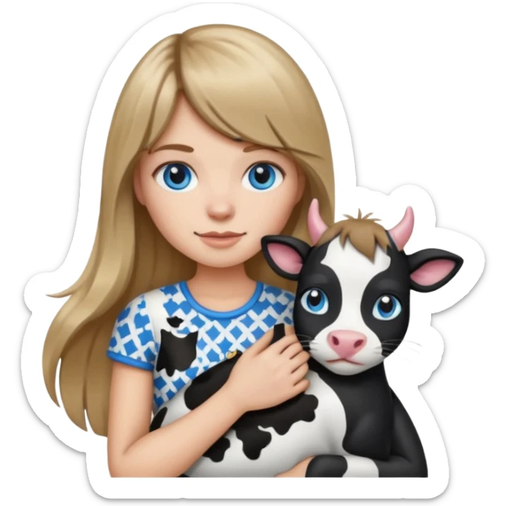 Apple-style emoji sticker of a young woman with long dark blond hair and bang, blue eyes , holding a cat black and white like a cow patch on her chest.  sticker