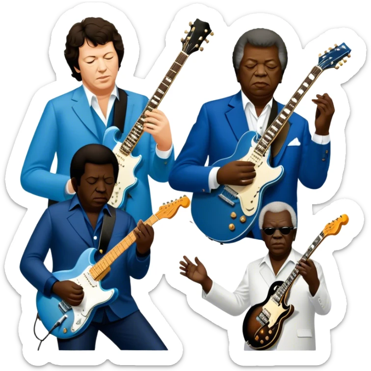 Icon for Blues Music: close-up collage of legendary blues artists. Gary Moore, Eric Clapton, B.B. King and Joe Cocker. Represented by silhouettes or symbolic items like guitars, microphones, or music notes, reflecting the soulful energy of blues music. Transparent background. sticker