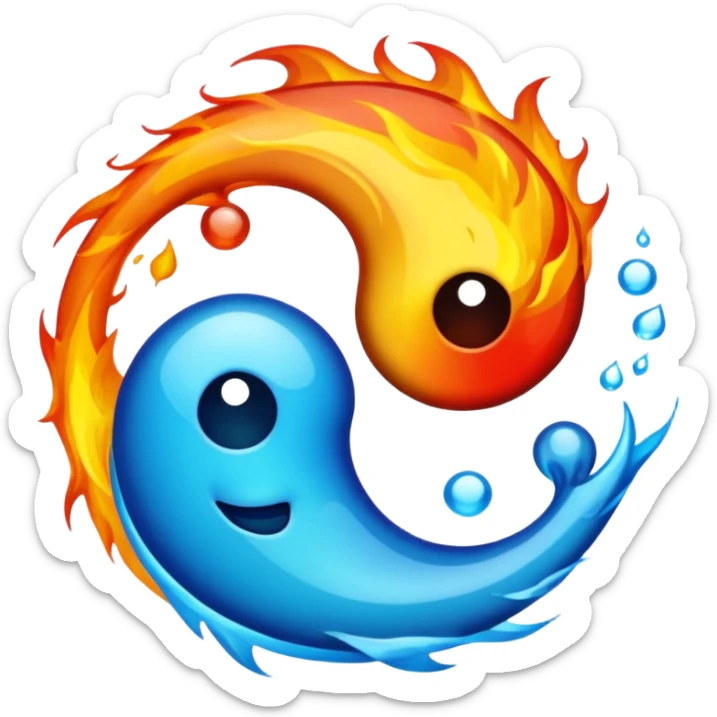 The fire and water emojis are in the form of the yin-yan symbol in front of a completely black background. sticker