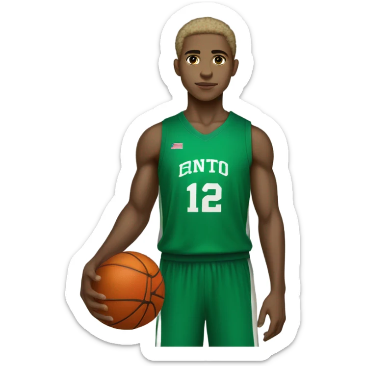 Muscular Afro light-skinned skinned male teenager in a green basketball uniform holding a basketball.  sticker