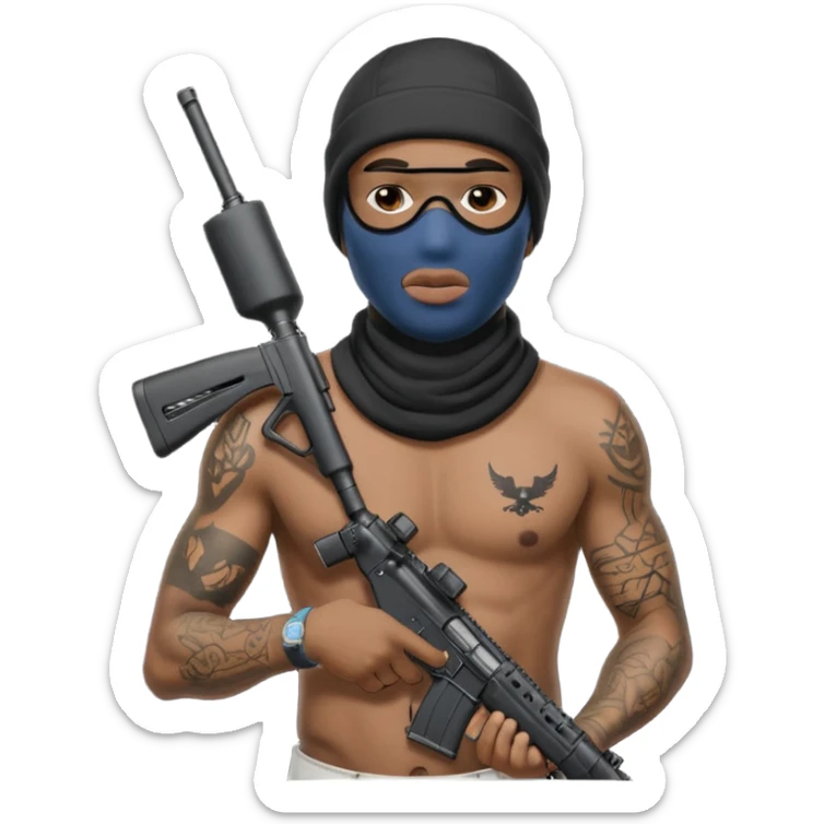 Ebony Crip gang member with no shirt an ski mask with tattoos all over holding AR 15 sticker