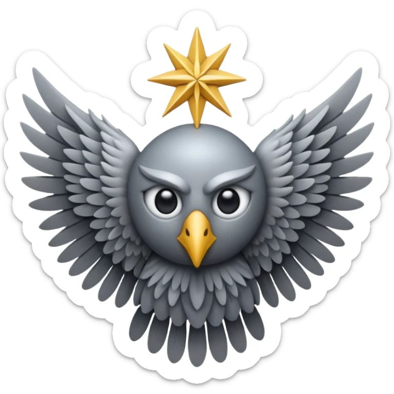Vertical eye with six wings, A non-humanoid emoji in iOS style, shaped like a symmetrical star of six gray feathered wings, no human face, no head, no mouth or nose, only a single large eye in the center, surreal and celestial, resembling a biblical seraphim sticker