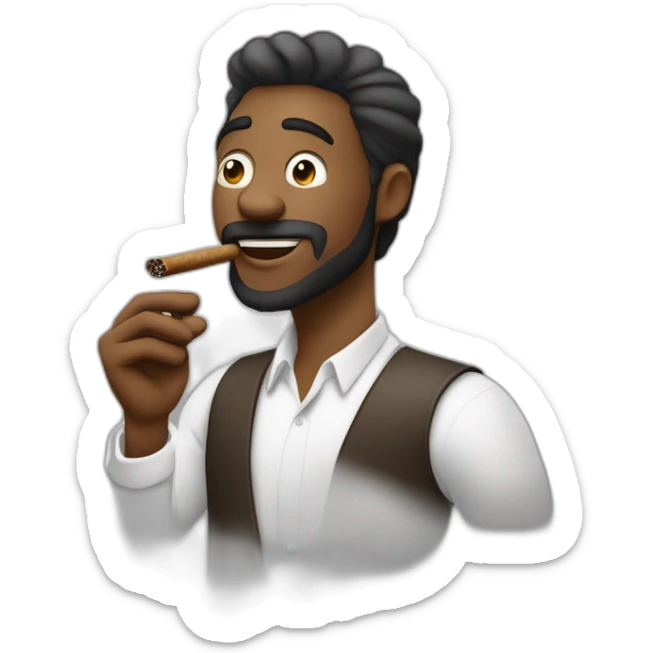 Hombre de pelo largo programando con un cigarro en la mano derecha y en la mano izquierda un cafe, pelo negro blanco  sticker