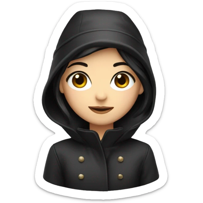 girl short dark hair dark eyed with coat gloves schal black hat sticker