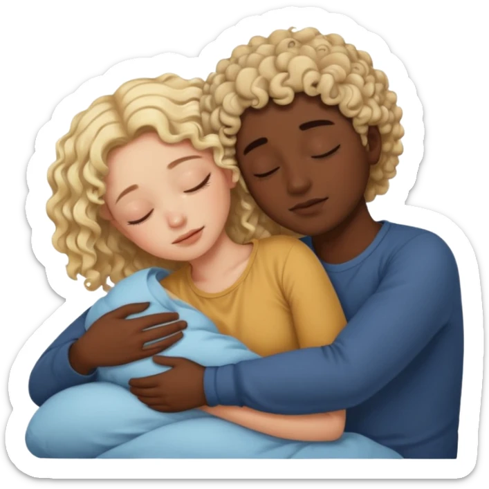 blonde girl and dark skin boy with curly hair sleeping and cuddling sticker