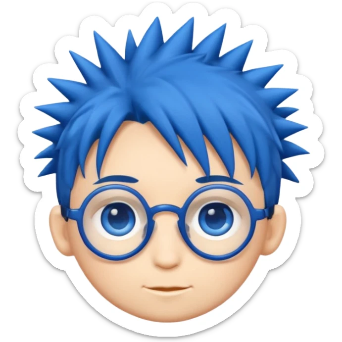 emoji style illustration of a chibi head inspired by
1,
big blue eyes, round glasses,
spiky dark blue hair,
cute flat emoji style,
simple clean lines,
white background,
high quality,
only head, no body sticker