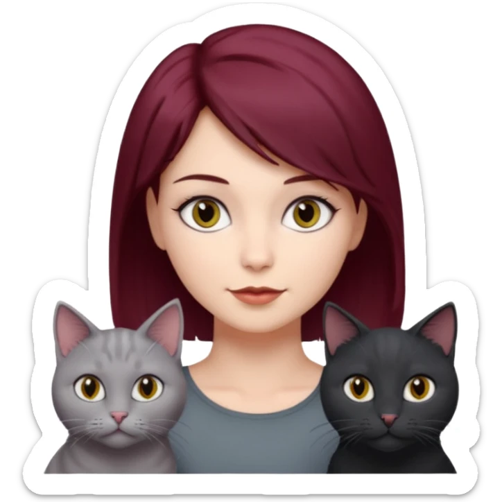 femme au cheveux court bordeau, yeux gris,  avec chat poils longs gris clair et chat poils ras noirs sticker