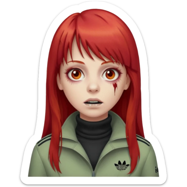 Crie um emoji de uma menina zumbi  com o cabelo vermelho longo com uma franja reta casaco de gola alta da adidas sticker