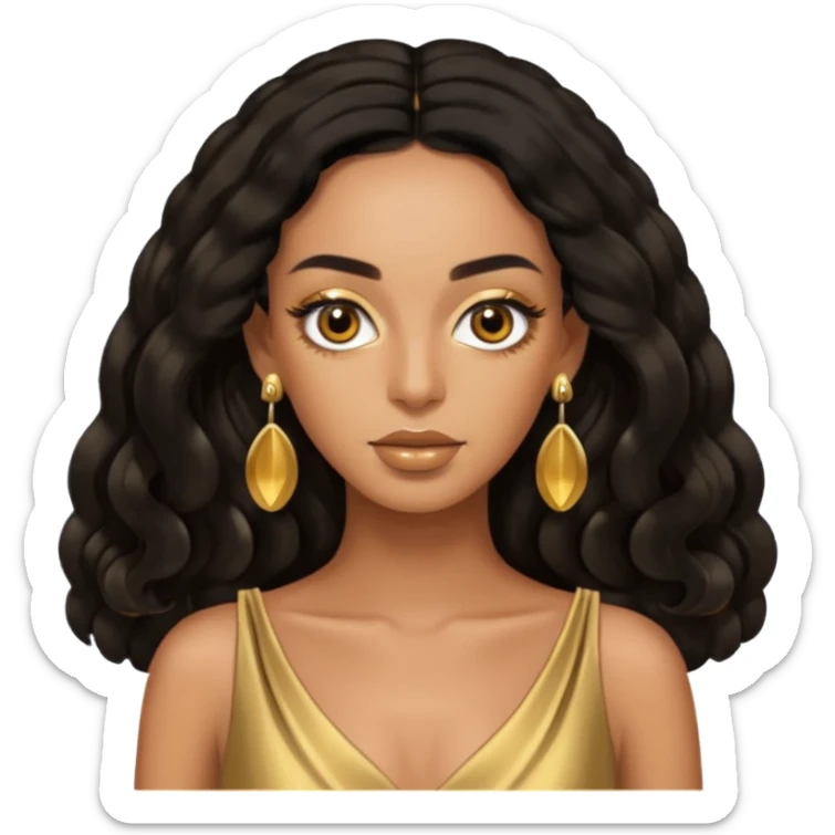 Solange brown eyes, black long hair, gold dress with earrings sticker