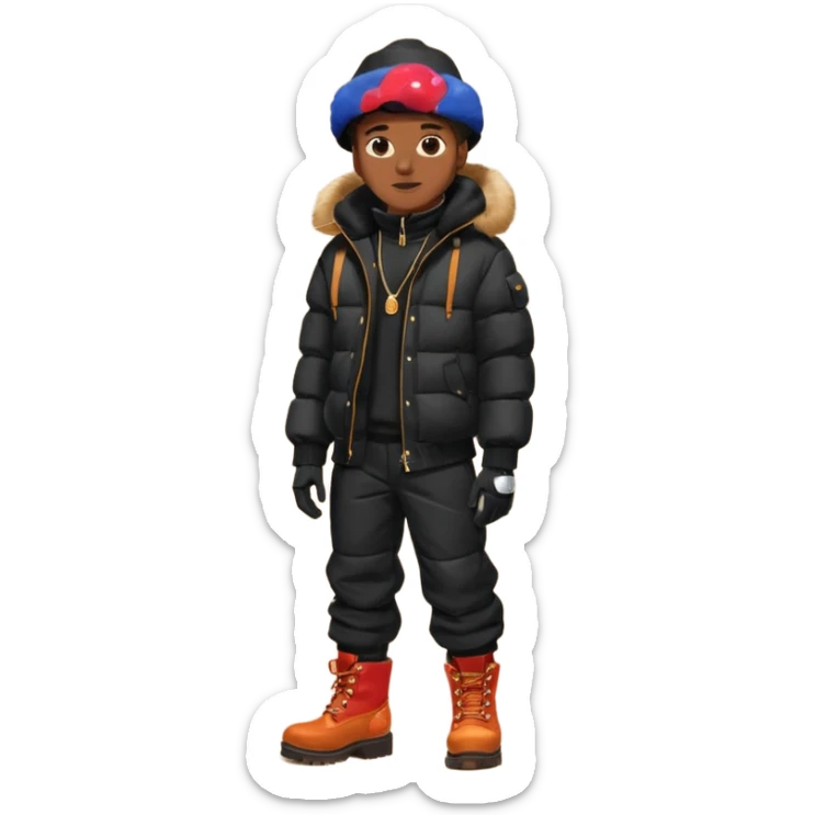 Handsome Black grown man with brown skin tone, wear black joggers, a black bubble coat with a fur brim on the hood, and buckwheat timberland boots, and black gloves sticker