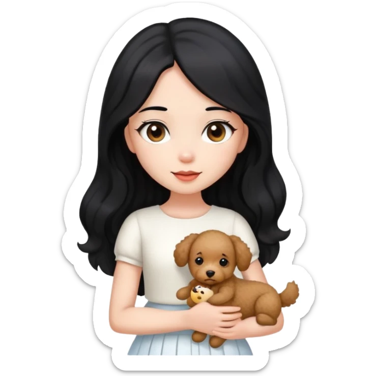 A beautiful girl with long straight black hair wearing a white skirt holding a small brown curly teddy dog sticker