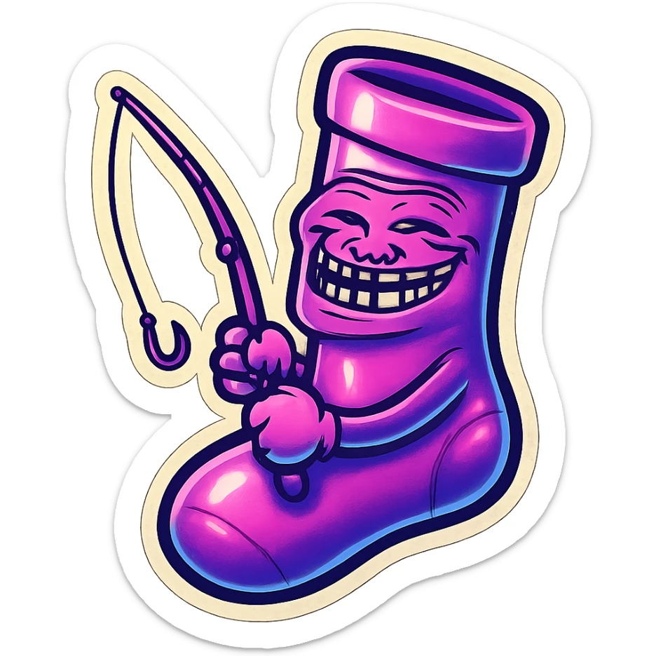 A neon-purple sock with a trolling face, holding a fishing rod, representing trolling or baiting. sticker
