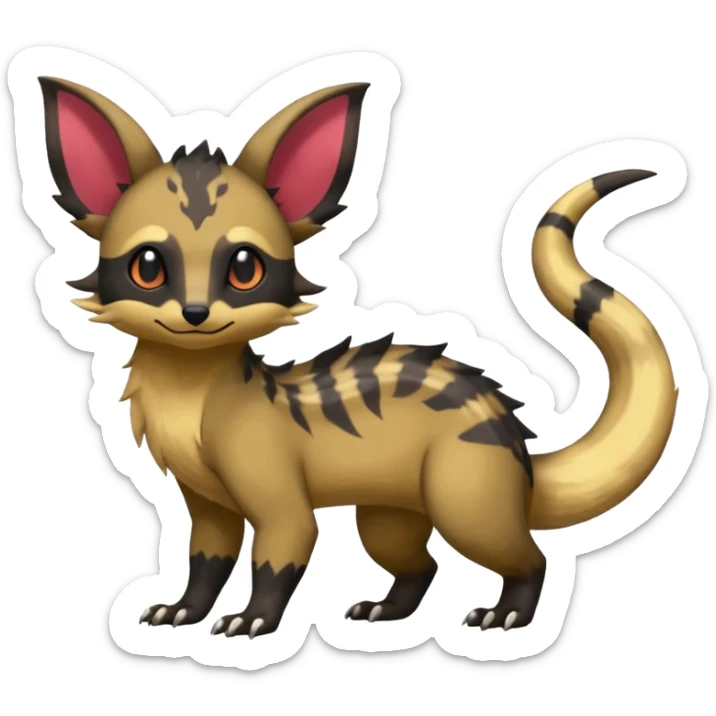 Rare warm-colored exotic cute epic aesthetic colorful Salandit-Eevee-Civet-species-Fakemon-hybrid-creature, with markings, full body sticker