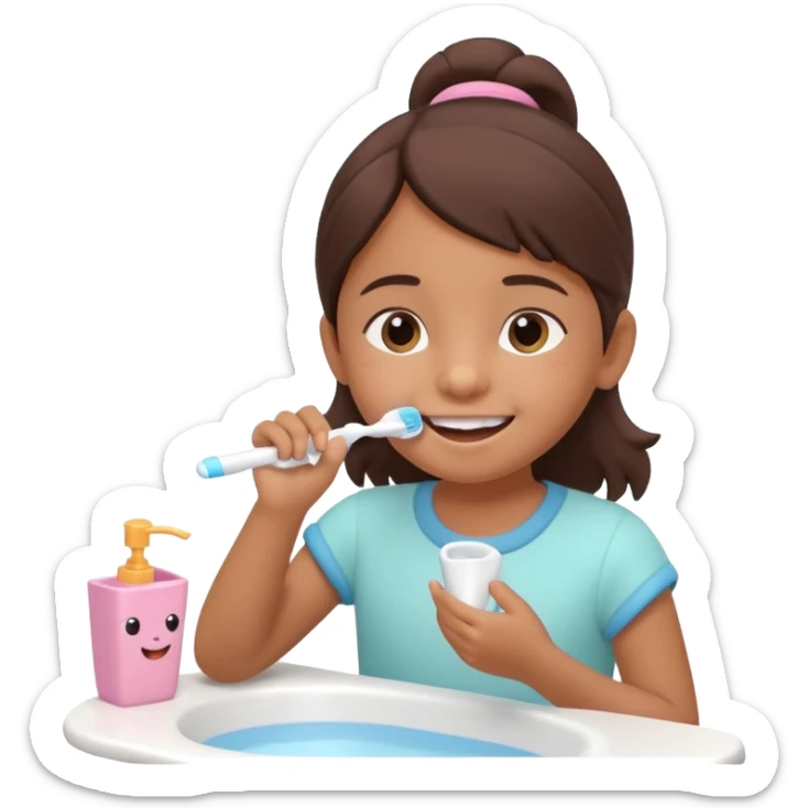 little brown girl brushing her teeth, pastel portrait, bright nourishing morning atmosphere, soft focus, isometric 3d plush sticker