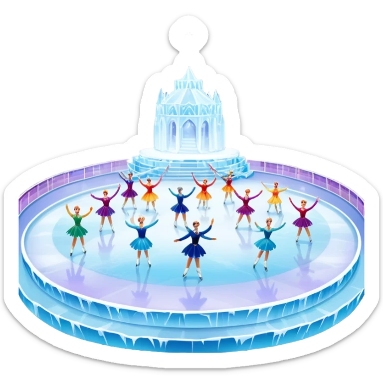 An icon of a theatrical ice show with close-up costumed figure skaters performing a dramatic scene on a glowing ice stage. Spotlights, colorful scenery, and a cheering audience in a grand arena convey the magic and artistry of the ice performance. Transparent background included. sticker
