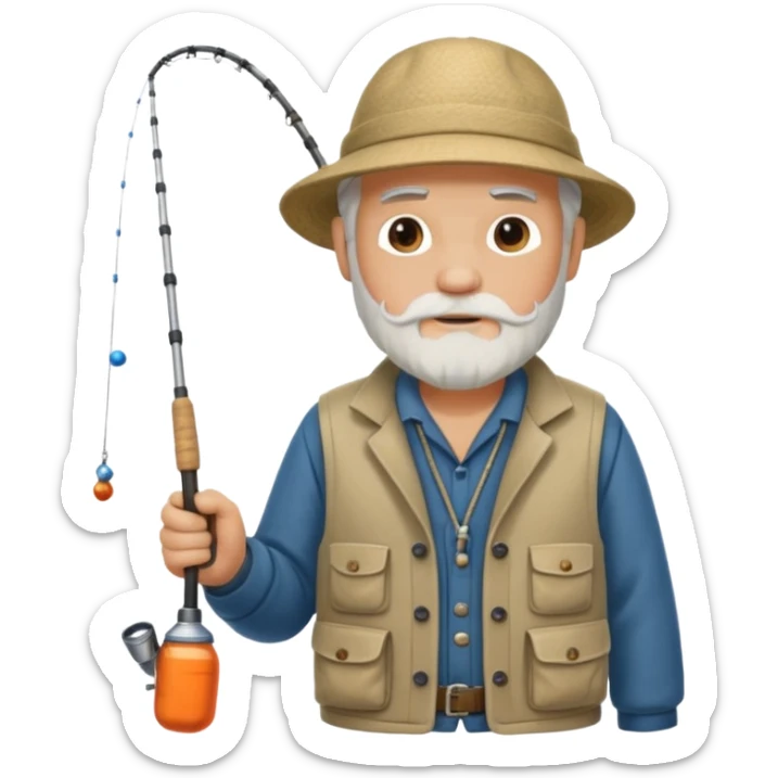 an old white haired, bearded man in fisherman attire, sat in a big boat on the ocean, holding one fishing rod in one hand, with the end of the fishing line touching the water sticker