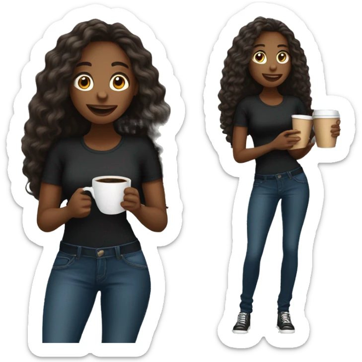African American female with long hair talking on cellphone and holding a coffee wearing black shirt and jeans full length  sticker