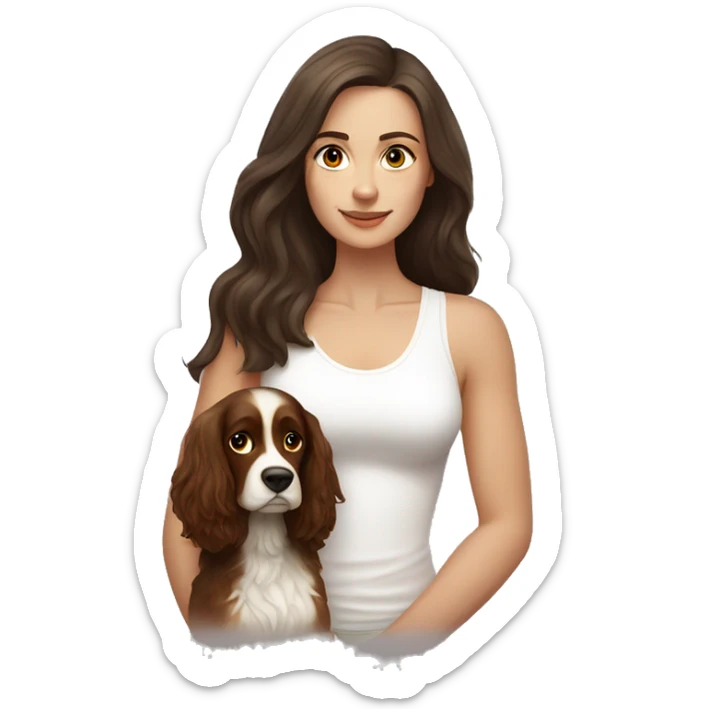 Russian woman with long dark brown hair in a white singlet sits with ocker spaniel sticker