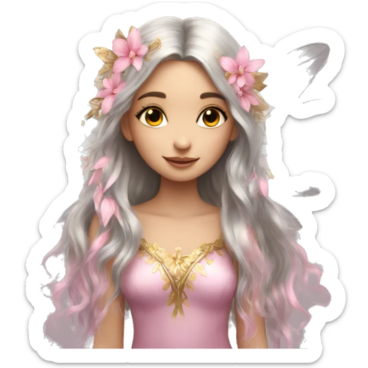 Beautiful, flower, fairy, pink, silver, gold, long hair, wings sticker