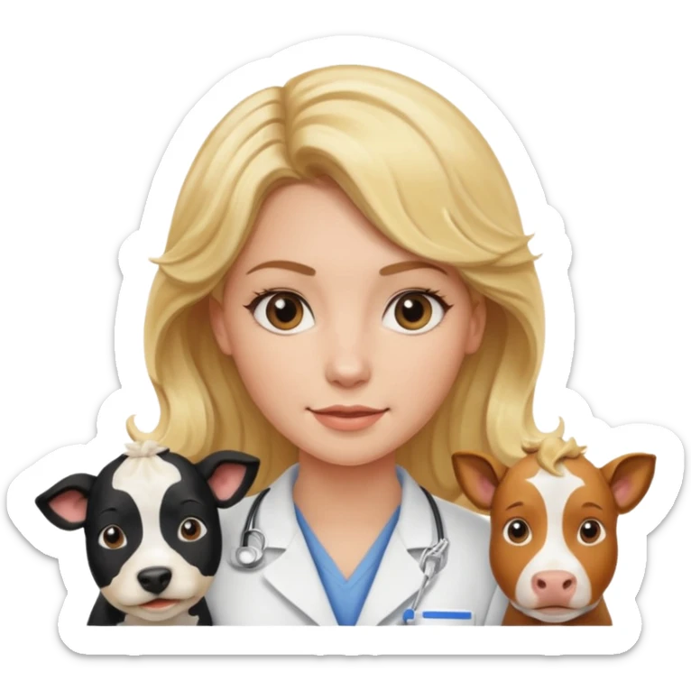Joven mujer, de cabello bajo los hombros rubio con ondas, veterinaria de perros, vacas y caballos sticker