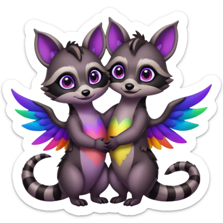 2 black female raccoon dragon hybrids with rainbow colored wings and purple eyes hugging sticker