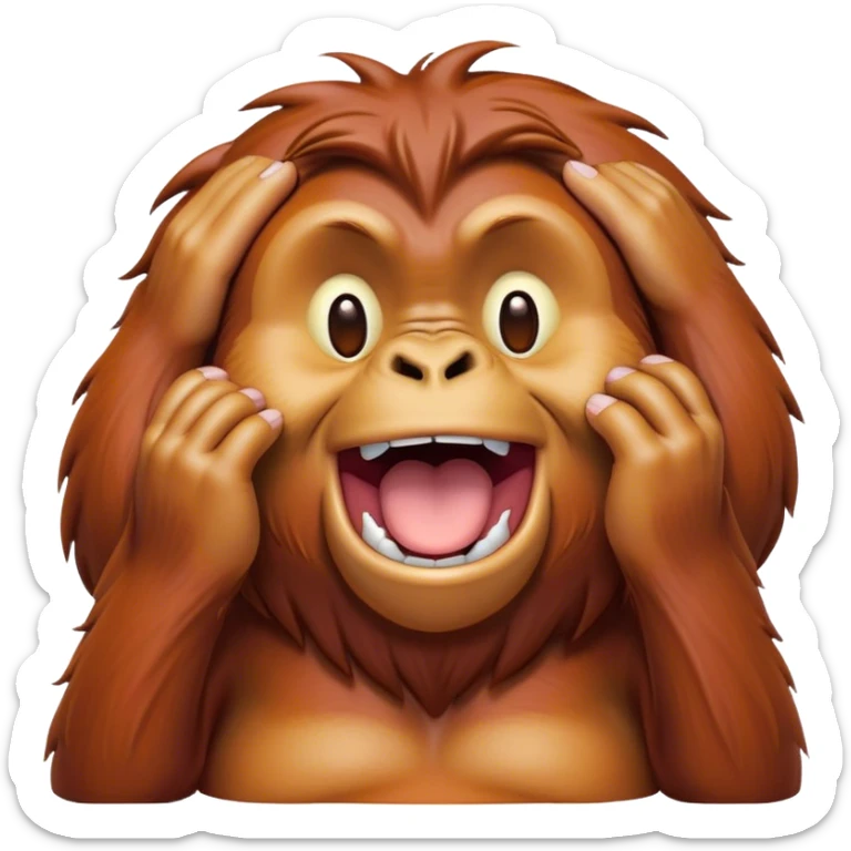 Cinematic Cute Yawning Orangutan Portrait Emoji, Head tilted slightly with a dramatic, wide-open yawn, showcasing a richly textured face with half-closed, sleepy eyes and a relaxed, open expression, Simplified yet irresistibly adorable features, highly detailed, glowing with a soft, cozy jungle glow, high shine, relaxed yet expressive, stylized with a dash of whimsical charm, soft glowing outline, capturing the essence of a drowsy yet affectionate guardian that appears ready to stretch out for a nap! sticker