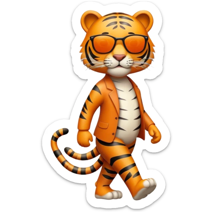 friendly anthropomorphised tiger in casual clothing, wearing dark sunglasses, walking upright in relaxed pose sticker