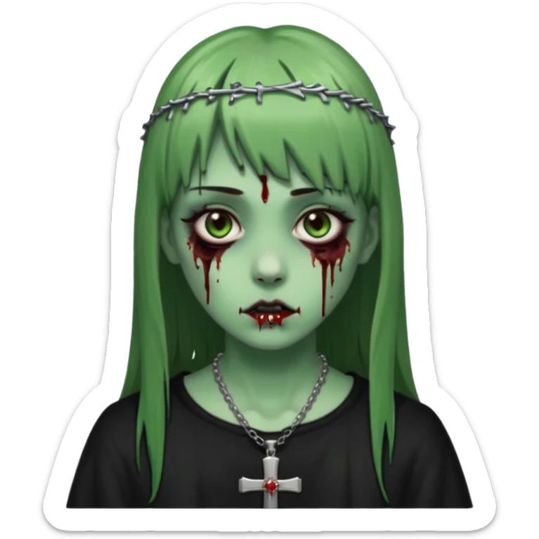 Zumbi verde com olhos castanhos aspecto de que tá sangrando, uma franja reta um piercing do lado esquerdo do nariz, roupa preta e crucifixo como colar, e também delineador sticker