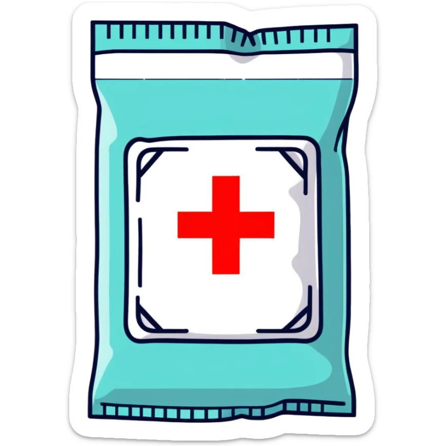 Discreet intimate health packet with red cross symbol and heart icon, sealed medical packet sticker