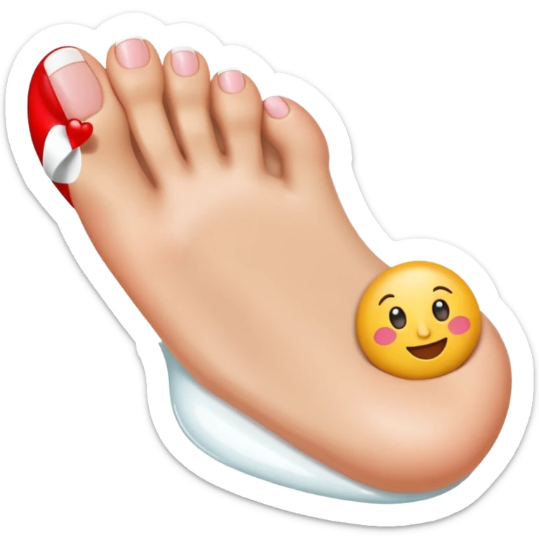 female foot with glossy white toenail polish, big toe lifted, other toes curled, emoji style sticker