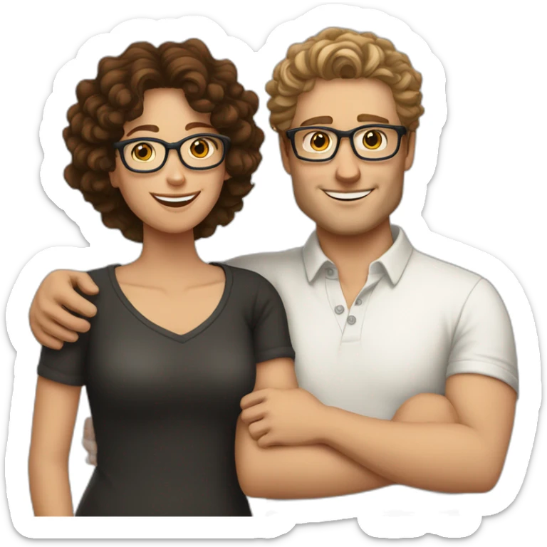 tall white man with curly dark hair hugging white woman with glasses and brown hair sticker