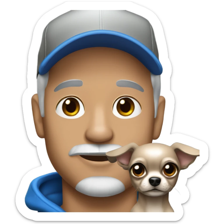 Man with blue eyes gray hair gray goatee wearing ball cap holding black long haired chihuahua sticker
