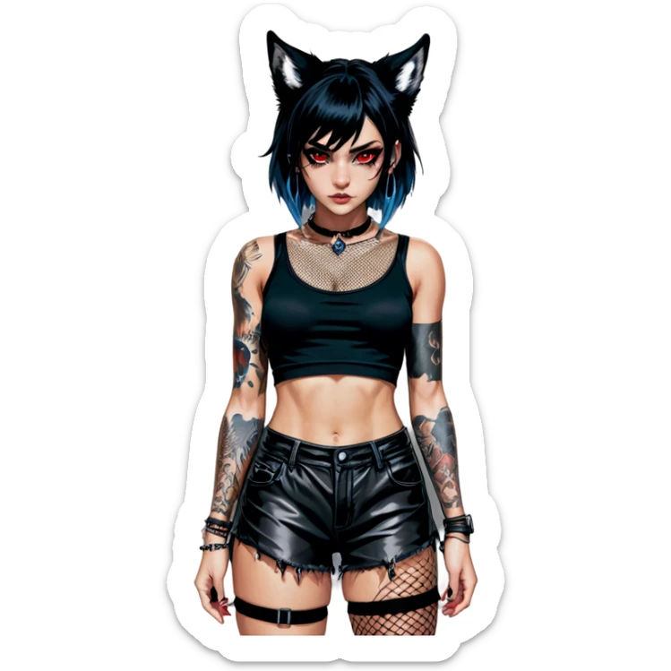 A black hair girl, ear rings on wolf ears, chain necklace, black tail, black Smokey eyes, fluffy tail, black wolf ears, black crop top with fishnets, black shorts with fishnets, dark-skinned female, left arm tattoo, left leg tattoo, short messy hair cut, bang between eyes, red eyes, big chest, heterochromia, blue eyes, animal ears, tail, sticker