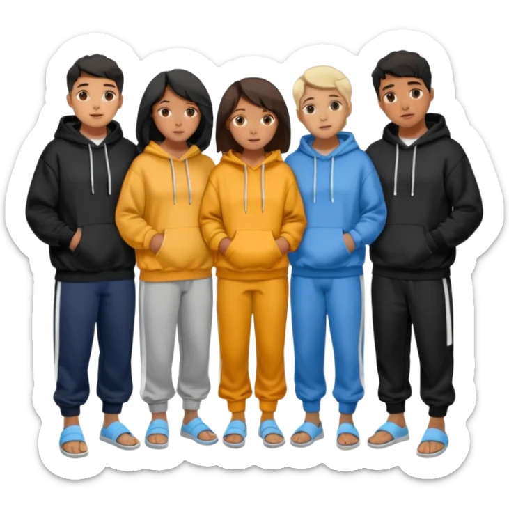 four mixed race friends all wearing oversized hoodies, sweatpants, and slides huddled together in a circle  sticker