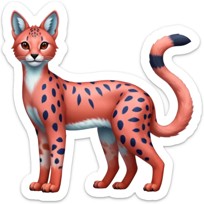 Colorful bluish cute adorable tropical exotic fruity rosy neon-red Caracal-Cheetah-Serval-Snow-Leopard-Trico-Sergal-Vernid-fusion-hybrid-animal-creature, full body, with tribal markings sticker