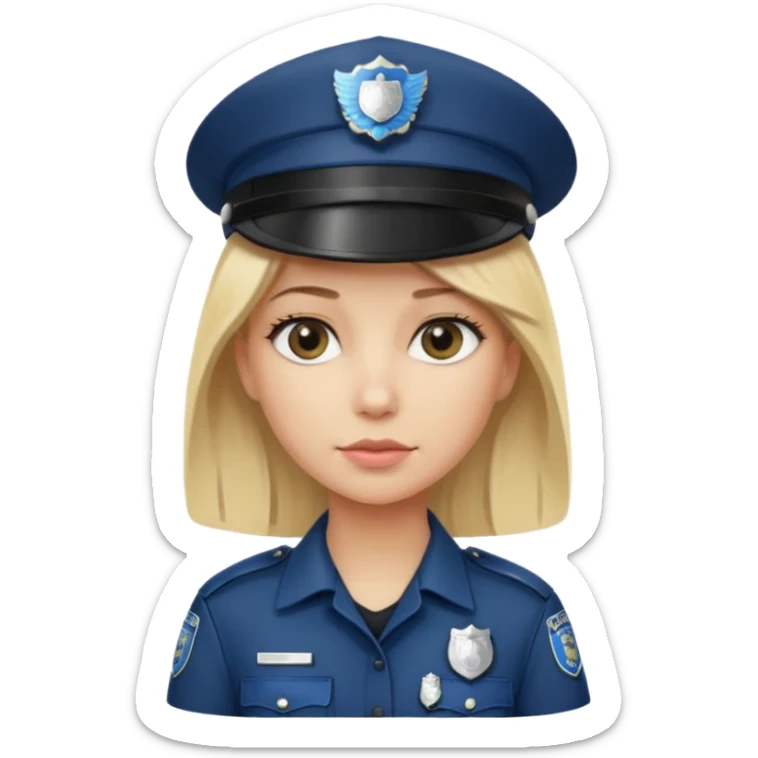 A blonde woman wearing a dark police hat with a silver badge, looking straight ahead with a calm expression. sticker