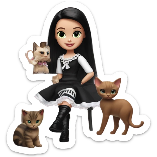 Check Please Francie Barbie, Teen Wednesday Addams. Pirate knee-boots, dress, opera gloves,pumps, bracelet, earrings, Cuddling up with Slippers the kitten.hair ribbon  sticker