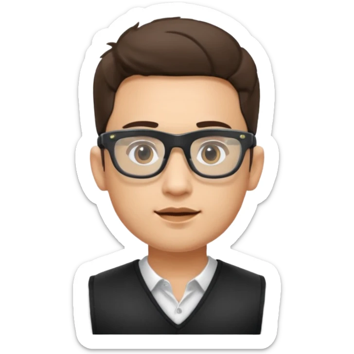 Man from the shoulder up, facing the audience. Wearing a black vest and AR glasses that look like google glasses.  sticker