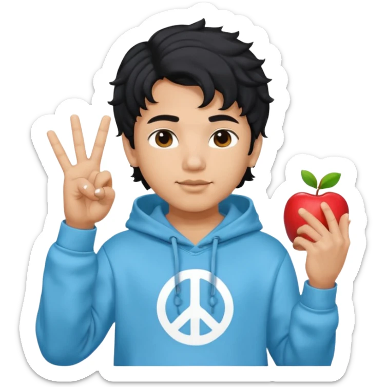 An indian boy in a light blue hoodie with wavy flow hairstyle showing peace sign, with black hair color, apple memoji style sticker