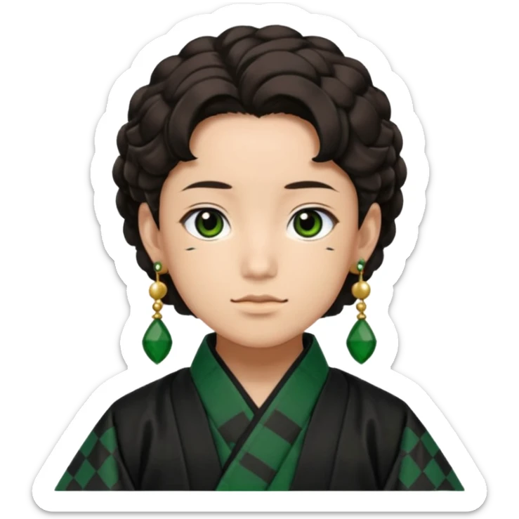 Tanjiro Kamado from Demon Slayer with black and green checkered haori and hanafuda earrings sticker