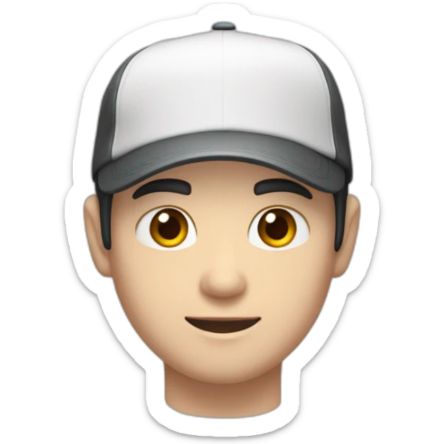 Pale skinned Man with black hair in a white cap and dark gray polo T-shirt with a box into his hands sticker